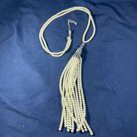 Jewelry - Elegant Faux Pearl Tassel Necklace With Silver-Tone Rhinestone Accents & Adjusta